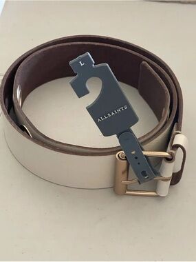 AllSaints women's Leather Belt in Cream with Gold Buckle